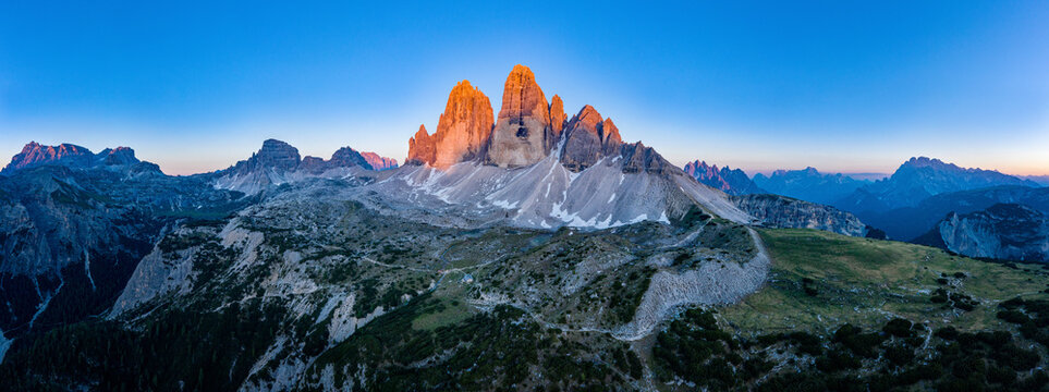 Hiking in Tre Cime. Drei Zinnen, three mountain peaks in dolomites. Highest peak Cima Grande di Lavaredo in summer, Sexten Dolomites Alps in Italy, Trentino Alto Adige