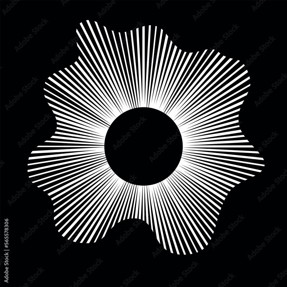 Poster ring of differents white rays with wavy silhouette isolated on black background. sound wave symbol e