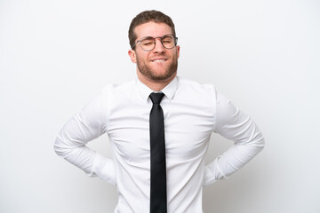 Young business caucasian man isolated on white background suffering from backache for having made an effort