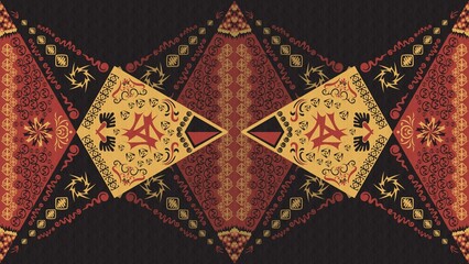 (Red/Yellow/Black) - Modern geometric ornate Folk art background - pattern, decoration, texture, illustration, wallpaper, desktop, cover, card