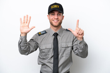Young safeguard caucasian man isolated on white background counting seven with fingers
