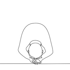 man in a low bow on his knees - one line drawing vector. concept bow to the ground, prayer, cry