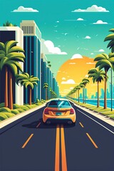 Obraz premium cartoon illustration, car driving through tropical streets,generative AI