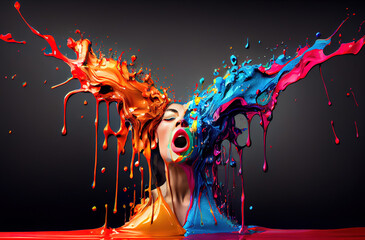 Dynamic image of a woman with vibrant orange and blue paint splashes, symbolizing explosive creativity and artistic expression. generative ai