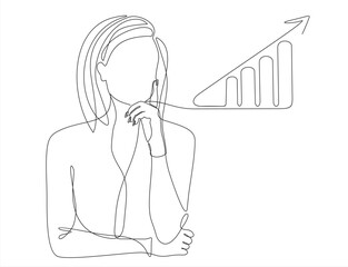 one line drawing of woman thinking about increasing up arrows bar graph sign. Business financial sales market growth performance minimal concept. Vector illustration. Isolated on white background. 
