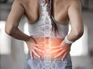 Spine, anatomy and back of a woman with pain during fitness, training and exercise with a problem....