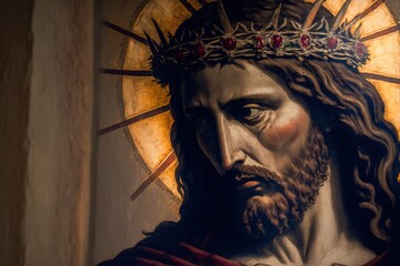 Obraz premium illustration of Jesus Christ in crown of thorns. AI generated 