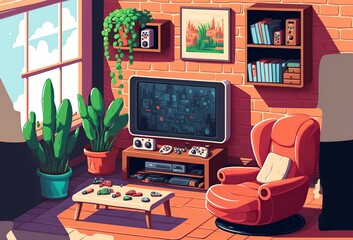 cartoon illustration, home game room, generative AI