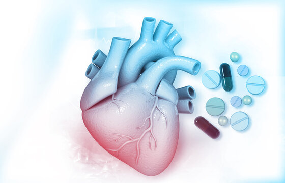 Human heart with medicine pills. 3d illustration