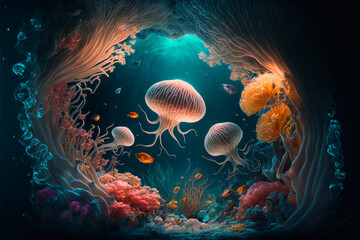 The scene with jellyfish, corals, and sea anemones - bioluminescent