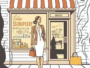 businesswoman in front of a store or shop, showcasing the theme of retail and consumer goods made with generative ai, vector style, flat, illustration, cartoon, line