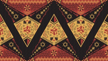 (Red/Yellow/Black) - Modern geometric ornate Folk art background - pattern, decoration, texture, illustration, wallpaper, desktop, cover, card