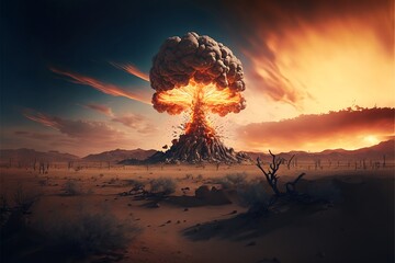 Nuclear explosion in the desert, sunset, apocalypse