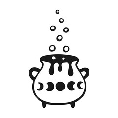 Boiling magic cauldron. Hand drawn vector illustration isolated on white background.