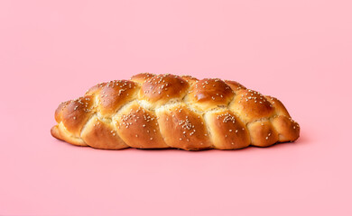Braided bread isolated on a pink background. Homemade challah bread