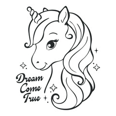 Art. Beautiful little unicorn on a white background. Coloring page. Print for clothes and t-shirts. Vector illustration. Cartoon