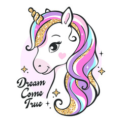 Art. Beautiful. Cartoon little unicorn on a white background. Sequins. Print for clothes and t-shirts. Vector illustration.