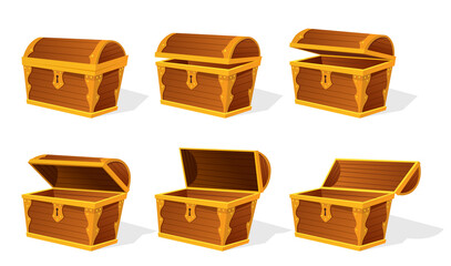 Chest animation. Empty old wooden chest for gold treasure set. Cartoon ancient container for pirates isolated icon on white. Game wooden antique box for treasure