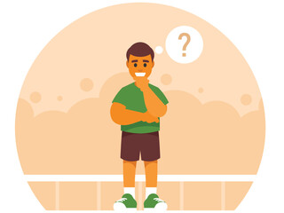 Schoolboy counts the task in his mind. The teenager thought. Brainstorm. Solving a complex problem. Vector graphics