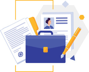 purple briefcase with documents, personal file, portfolio and yellow pen vector drawing