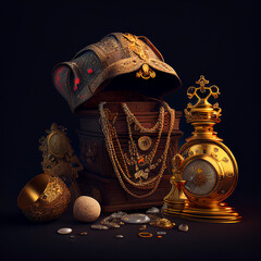 Generative AI. Golden treasure of armour, clock and necklaces