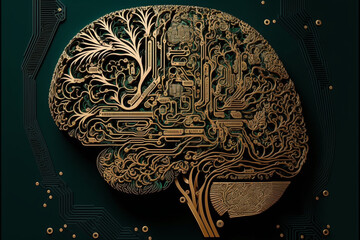 The graphic design of a human brain on a printed circuit board is intricate