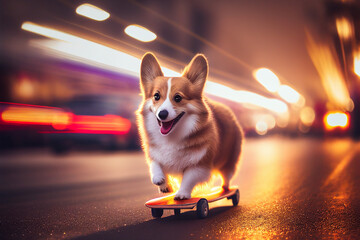 welsh corgi pembroke on a skateboard driving at high speed in the middle of the highway between cars