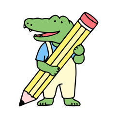 Cute crocodile cartoon character holding a big pencil, back to school concept. isolated on white background, vector illustration.