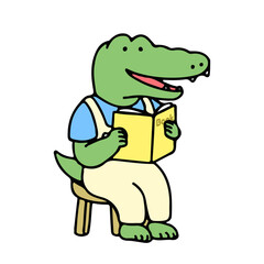 Cute crocodile cartoon character reading a book, back to school concept. isolated on white background, vector illustration.