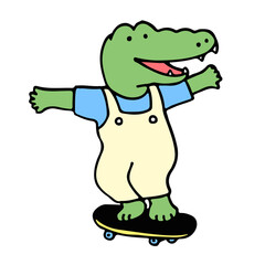 Cute crocodile cartoon character playing skateboard, back to school concept. isolated on white background, vector illustration.