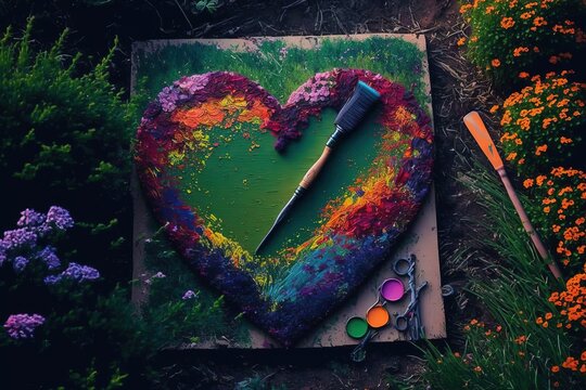  heart painting, brush, colors splashing. Concept - love, relationship, art, painting, Generative AI
