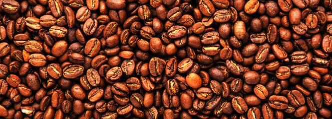 Coffee beans, food background and texture from freshly roasted arabica coffee beans, top view horizontal banner