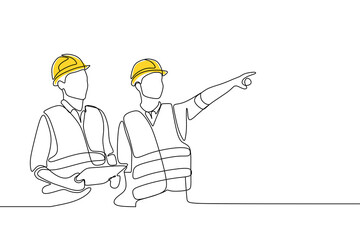 Single continuous line drawing of young construction manager giving instruction to builder coordinator at site meeting. Building architecture business concept. One line draw design PNG illustration