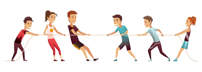 Kids pulling rope. Team game tug of war, children groups competition, happy boys and girls play outdoors, equal and counteracting forces. Team sport or battle