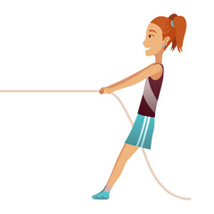 Kid pulling rope. Girl game tug of war, children competition, happy girl play outdoors, equal and counteracting forces. Concept of sports activity for kids