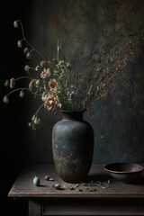 rustic vase with flowers, still life , dark moody, Japanese aesthetic concept ,  generative ai