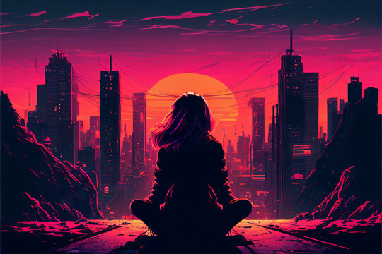 A girl in a lotus position meditates against the background of the city of the future cyberpunk style 80 Futuristic city Generative AI
