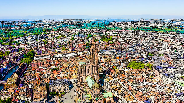 Strasbourg, France. The historical part of the city, Strasbourg Cathedral. Bright cartoon style illustration. Aerial view