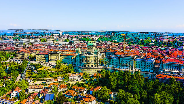 Bern, Switzerland. Federal Palace - Bundeshaus. Historic city center. Bright cartoon style illustration. Aerial view