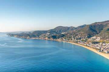 Beautiful panorama of Alanya beach (Turkey). View from the fortress of Alanya (Alanya Kalesi)