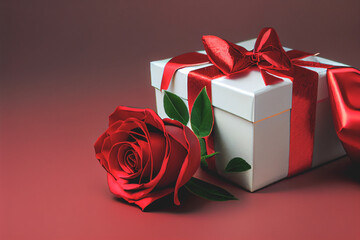 Present wrapped in red bow with red rose on red background