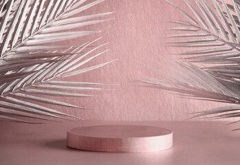 Empty podium with sibver palm leaves and shadow on pastel pink background. Scene stage showcase...