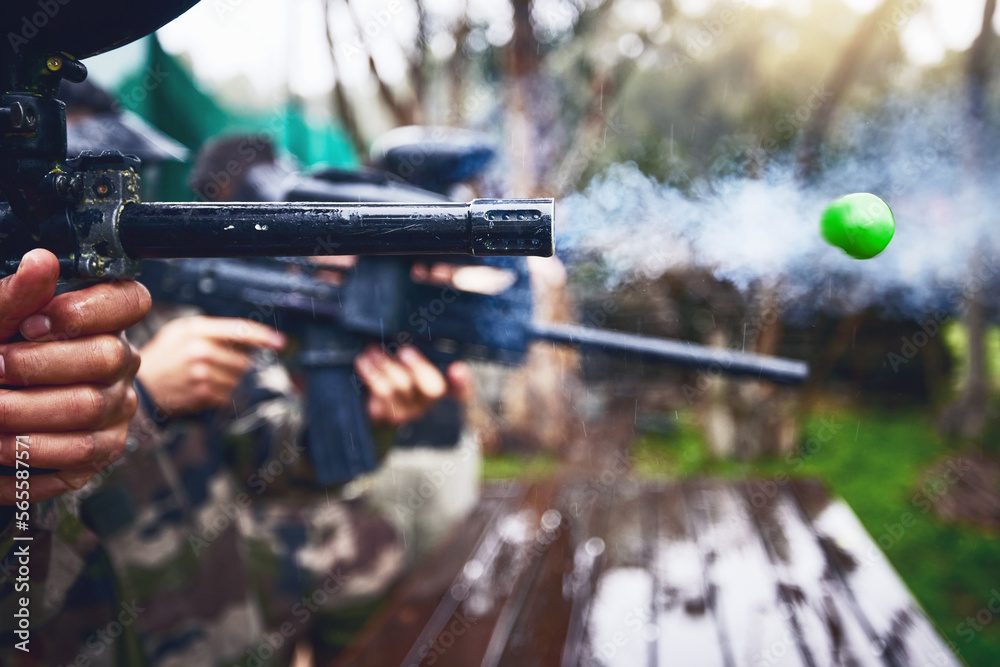 Canvas Prints Explosion, shooting and person with paintball gun, ball and closeup of fun, extreme and sport, fitness and training. Zoom, marker, and target, practice and game with people competing