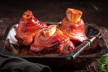 Homemade pork knuckle with spices, garlic and salt.