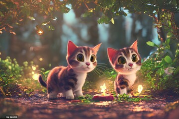two adorable cute baby cats in the forest