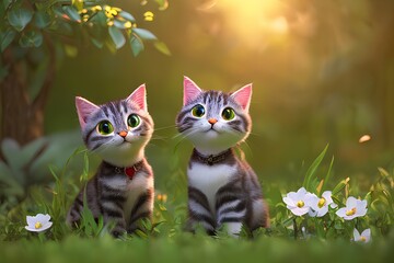 two adorable cute baby cats in the forest