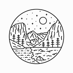 View of Zion National Park with starry sky in mono line art