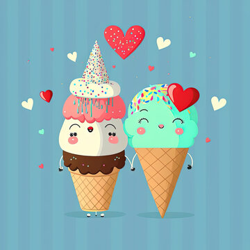 A playful illustration of a couple of cartoon characters enjoying a heart-shaped ice cream cone with a background of hearts and sprinkles. Valentine's day illustration. Generative
