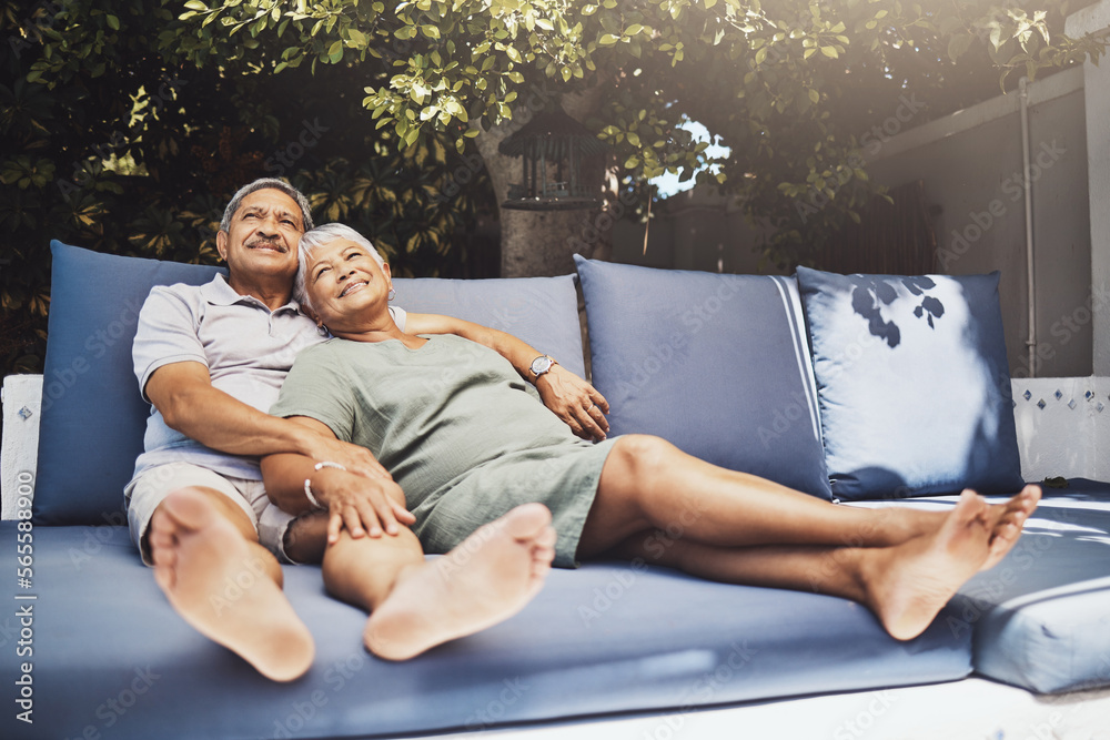 Sticker Senior, couple and old people relax on retirement with love, care and support on vacation or holiday. Lovers, pensioner and elderly man and woman enjoying sitting together with happiness in marriage