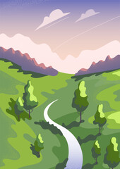 Spring landscape. Mountains, river and sunset sky with running clouds. Green grass, Deciduous trees. Vintage textures and noises. Tourism, travel and adventure. For posters, postcards, banners, site